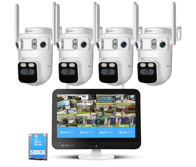 4 PK yeewise Triple Lens Wireless Security Camera System with 12″ Monitor, 180°