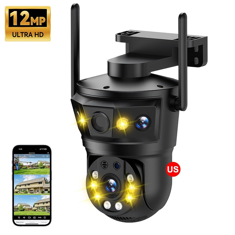 12MP Three Lens WIFI IP Camera Outdoor PTZ Cam CCTV Home Security Night Vision