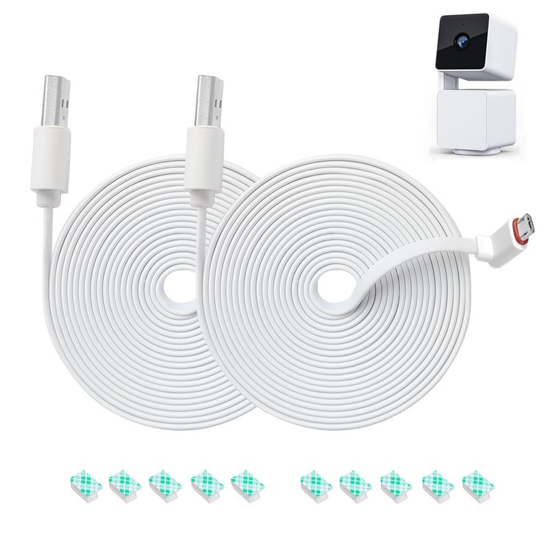 2 Pack 10FT White Power Extension Cable for Wyze Cam Pan v3 Micro USB