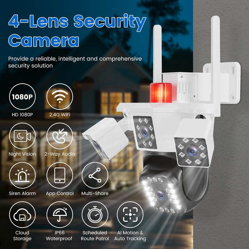 WiFi 1080P 4-Lens Pan & Tilt HD Camera Full Color Day & Night Monitoring gallery