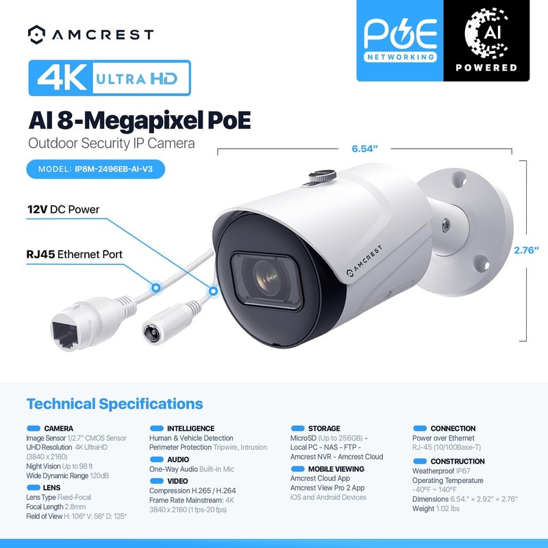 4K (8MP) IP POE , UltraHD Outdoor Bullet, 3840x2160, 98ft NightVision, 125° F... gallery
