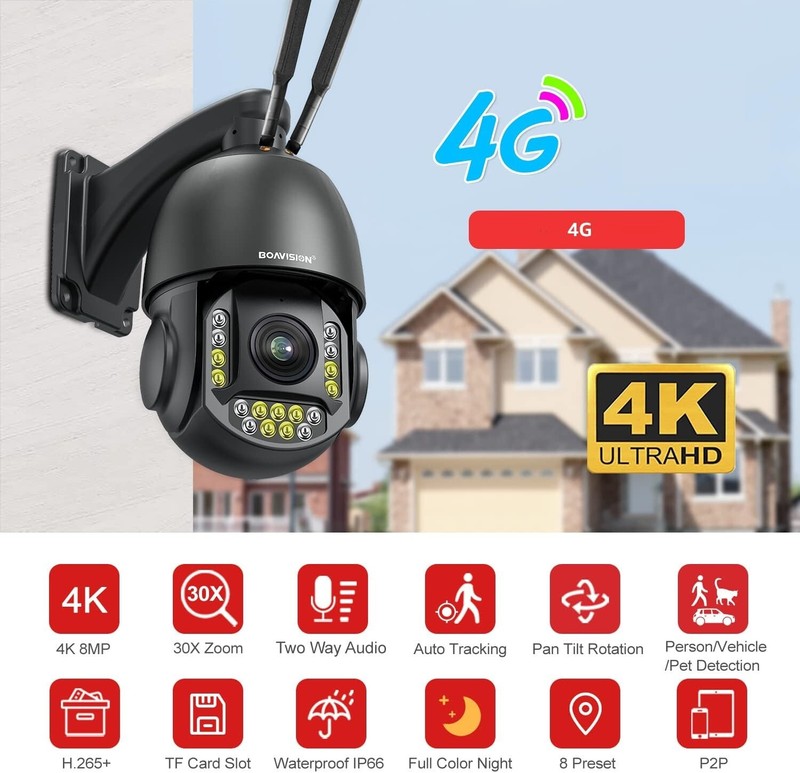 4G Security Camera ULTRA HD 4K SIM Card 30x Zoom Human Auto Detection 24/7 Camhi gallery
