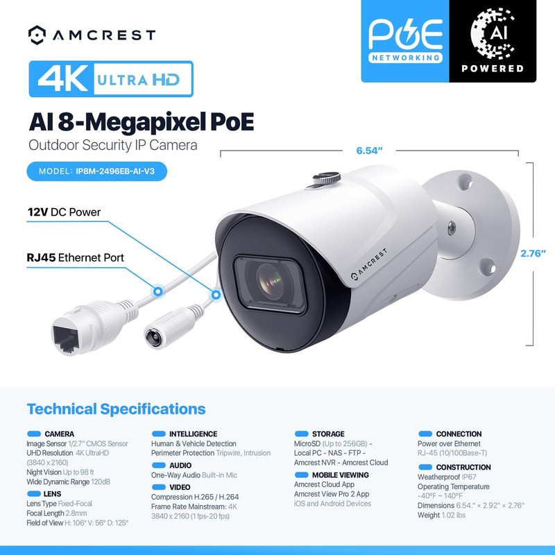 4K (8MP) IP POE Camera, Ultrahd Outdoor Bullet, 3840X2160, 98Ft Nightvision, 125 gallery