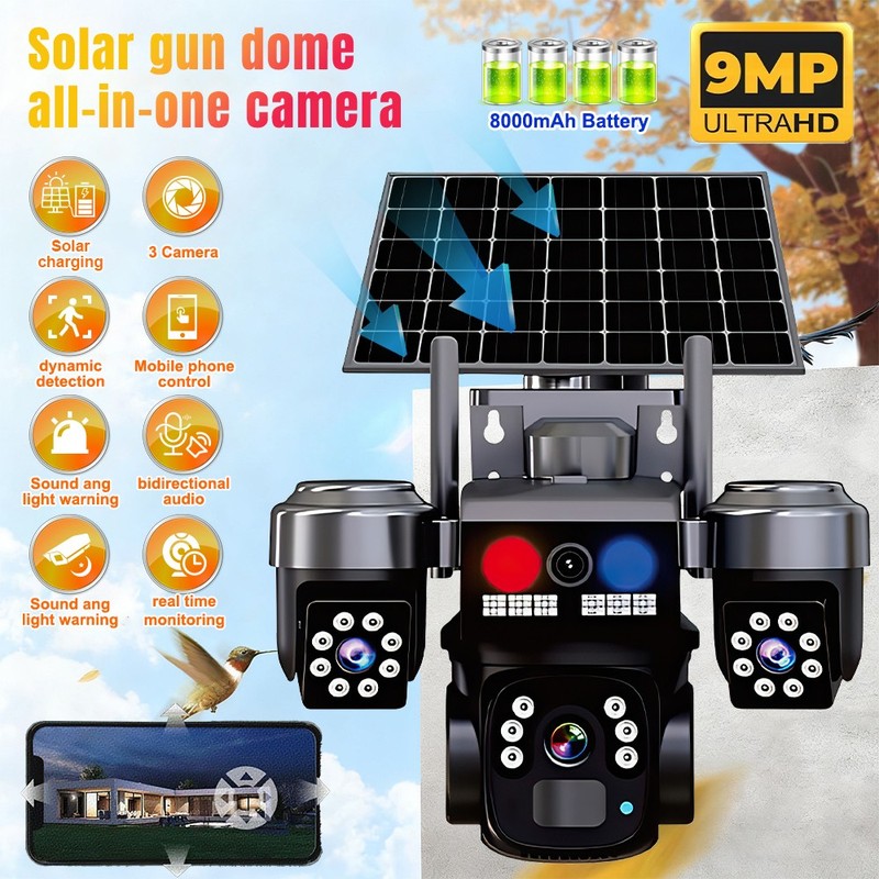 WiFi Solar Wireless Security Camera Outdoor 360° PTZ 4K Triple-Cam Night Vision