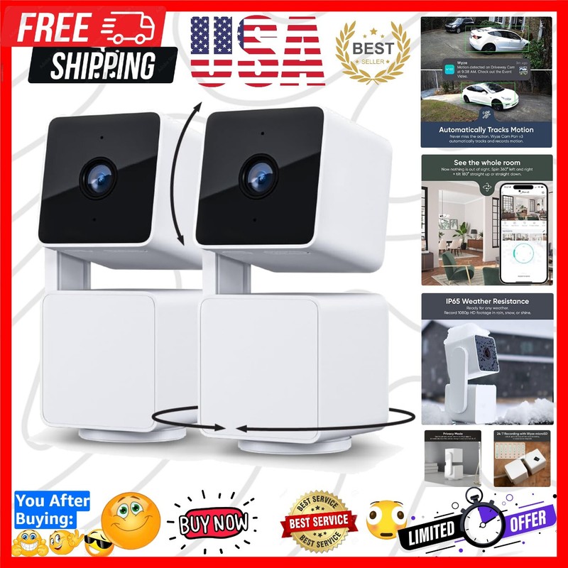 Cam Pan V3: 1080p Indoor/Outdoor Smart Security Camera 2-Pack with Night Vision