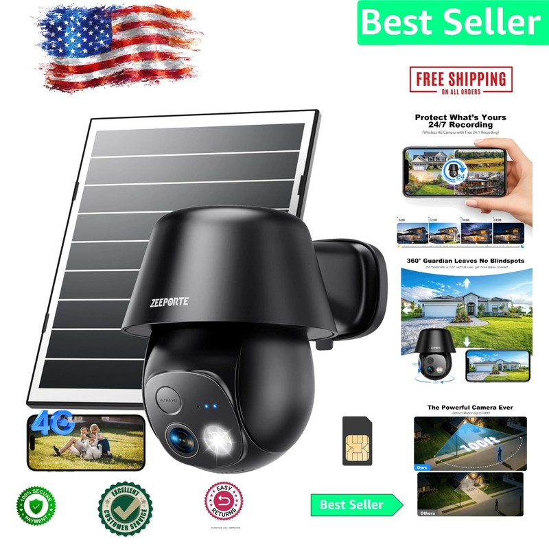 4G LTE Solar Security Camera – 24/7 Recording, 2K Color Night Vision, Waterproof