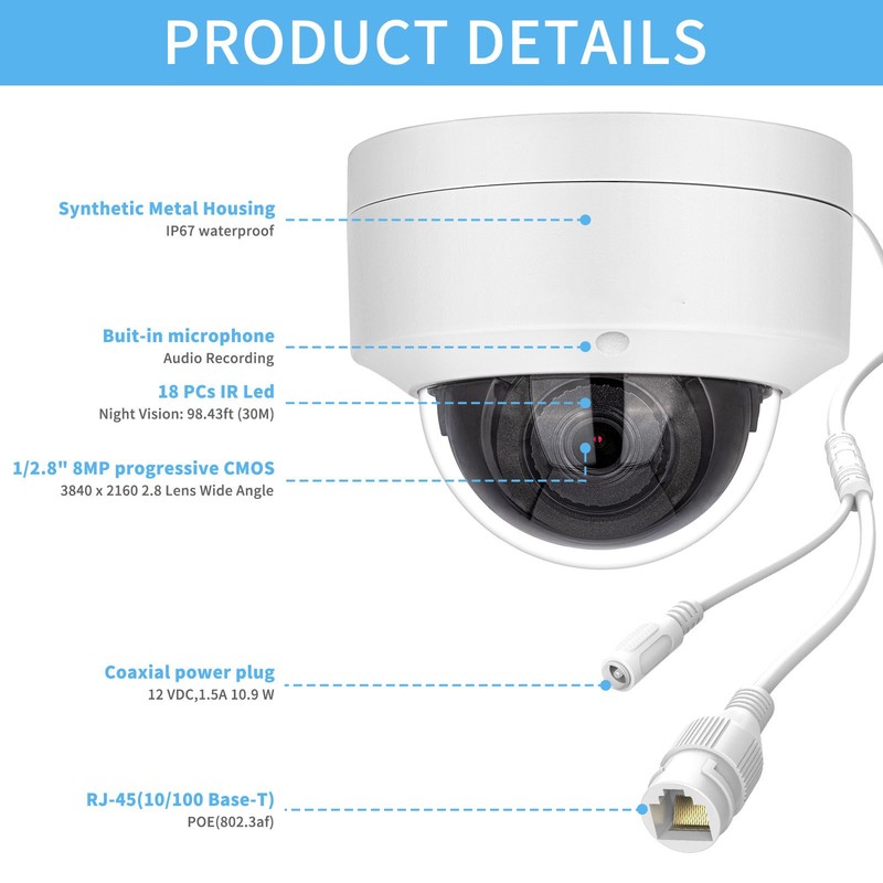 VIKYLIN MINI Dome Home POE IR30M 8MP 4K Network IP CAMERA MIC Outdoor IP67 CCTV gallery