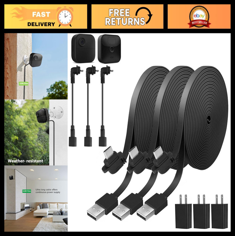 33ft Power Cable & Adapter for Blink Outdoor 4/3, XT3/XT2, Weatherproof Charging