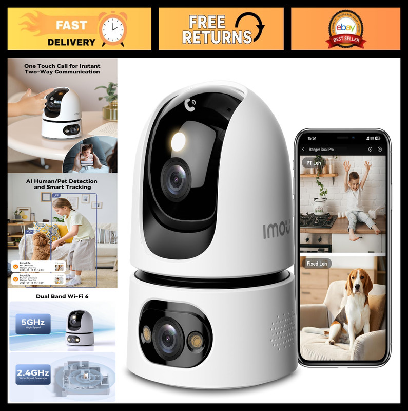 6MP Indoor Security Camera – Dual-Lens 360° Baby & Pet Monitor, Night Vision, Mo