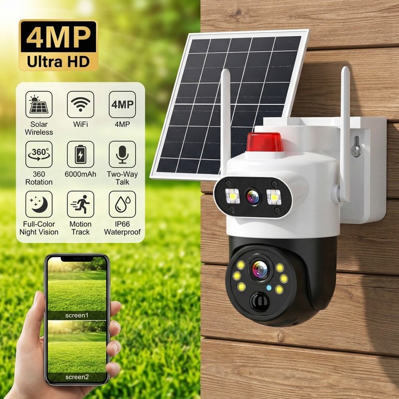 4MP HD 1080P WiFi Wireless Outdoor Solar Home Security Camera Dual Lens CCTV PTZ gallery
