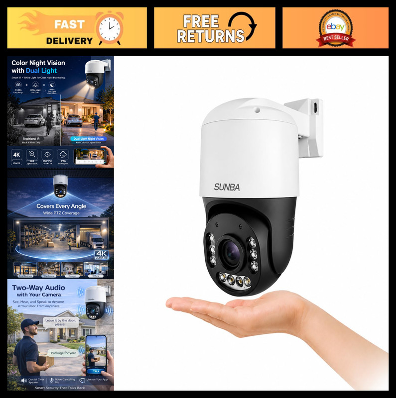 4K Mini PTZ Security Camera with 20X Zoom, Dual-Light Night Vision, Two-Way Audi