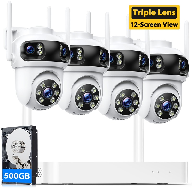Wireless Security Camera System 3K Outdoor IP NVR 10CH Triple-Lens Two-Way Audio