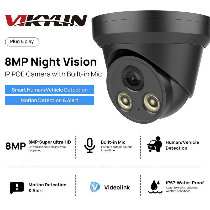 VIKYLIN Turret POE IR30M 8MP 4K security camera with audio Black Outdoor/indoor gallery