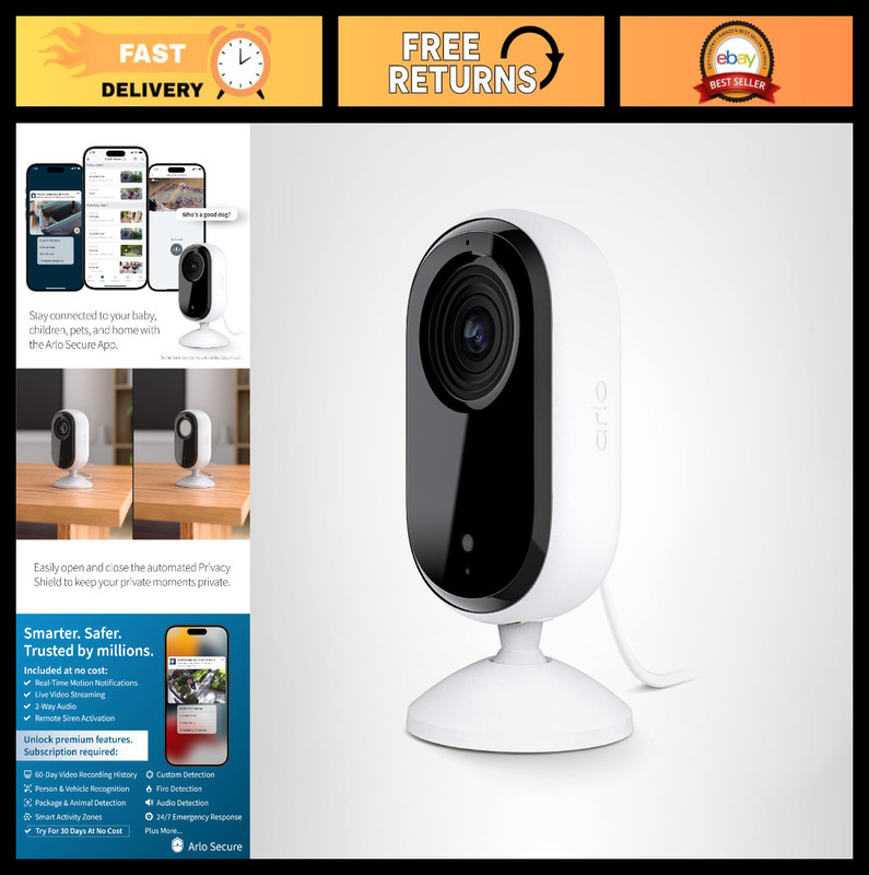 2K Indoor Security Camera – Wired, Person & Animal Detection, Privacy Shield, 1-