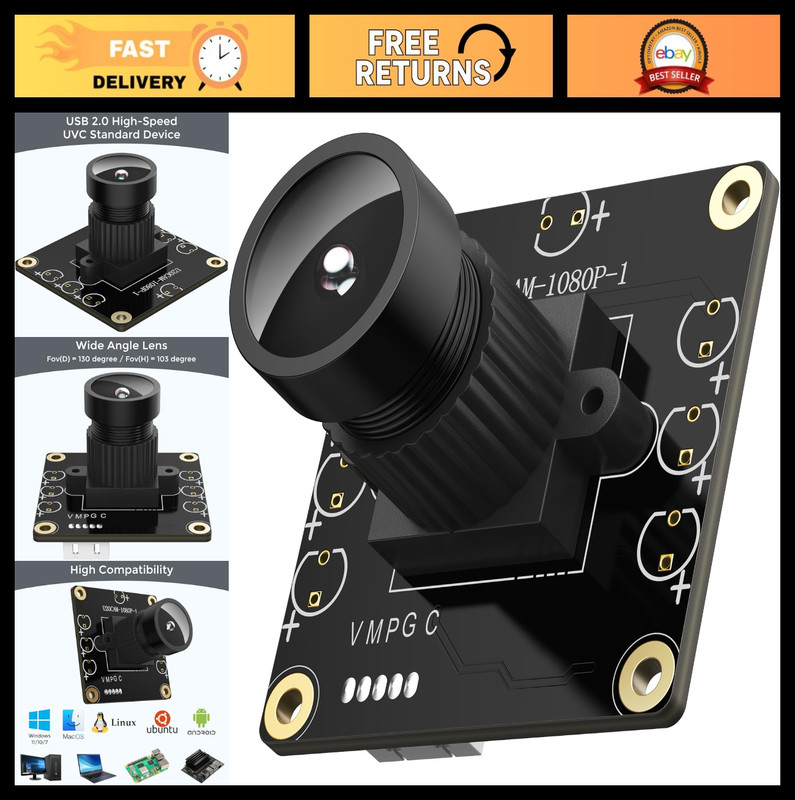 1080P USB UVC Webcam, 130° Wide Angle, Plug & Play for PC, Raspberry Pi, Linux,