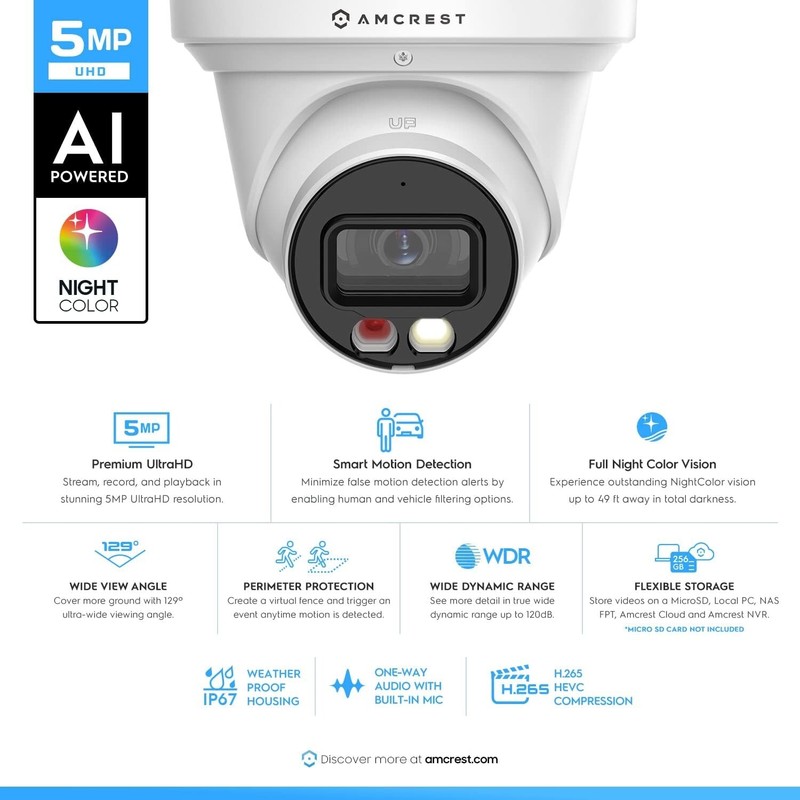 2 Security O/D Turret AI Camera 5MP 49' Colr N/V+ Mic 2X 60' Cat6E Cable Ac gallery