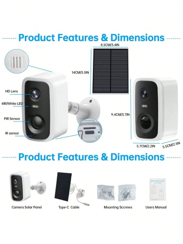 Solar Powered 2K 1440P Security Camera Wireless IP65 Waterproof With Night