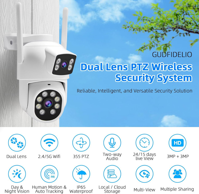 Dual-Lens Wireless Security Camera Outdoor, 2K HD 6MP View, Indoor Wifi Connecti gallery