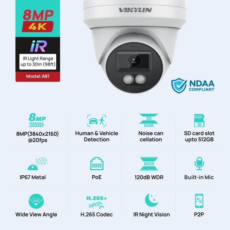 Vikylin 4K 8MP PoE IP Camera Outdoor IR Light Night Vision Onvif Wired w/ Audio gallery