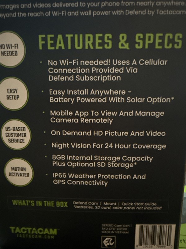 New Tactacam DEFEND Gen 1 Cellular Security Camera DFD-GRD01 Black FAST SHIPPING gallery