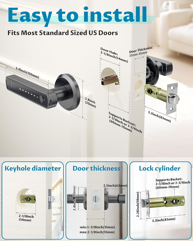 Smart Door Lock Fingerprint Keyless Entry Bluetooth App Control Black for Home gallery