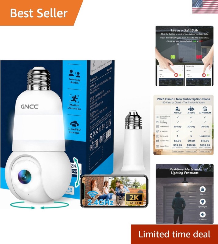360° WI-Fi Light Bulb Camera with Night Vision & Family Access Control – 1-Pack