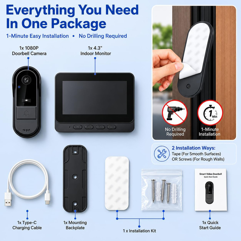 Wireless Doorbell Camera No Subscription No Wifi/App Needed for Home/Apartment/S gallery