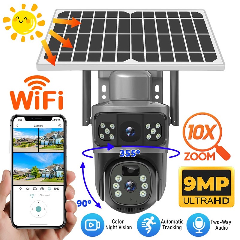 Dual Lens HD 1080P WiFi Solar Battery Home Security Camera Outdoor Wireless 9MP gallery