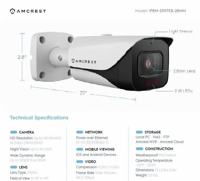 Amcrest 8MP UltraHD Outdoor POE Bullet Camera IP8M-2597EW-28MM(1-Year Warranty) gallery