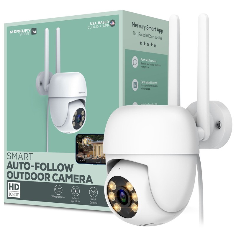 Merkury Smart Outdoor Camera 1080p – Auto-Follow PTZ Security Cam,White(1-Pack)