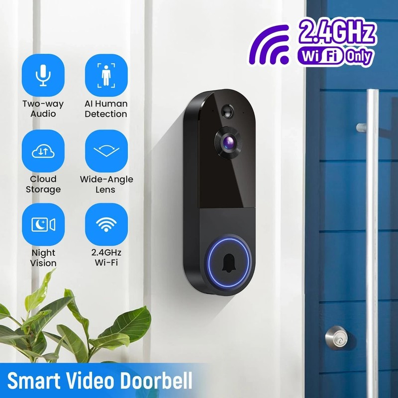 Wireless Video Doorbell Camera with Receiver, AI Human Detection, 2-Way Talk, Ni gallery