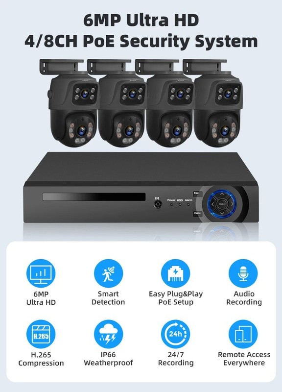 8CH 6MP HD POE Security Camera Outdoor Surveillance NVR Kit CCTV Human Detection gallery