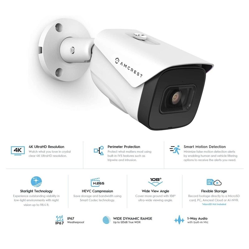 Amcrest 4K POE AI IP Security Camera Video System 8MP Bullet White Warranty gallery