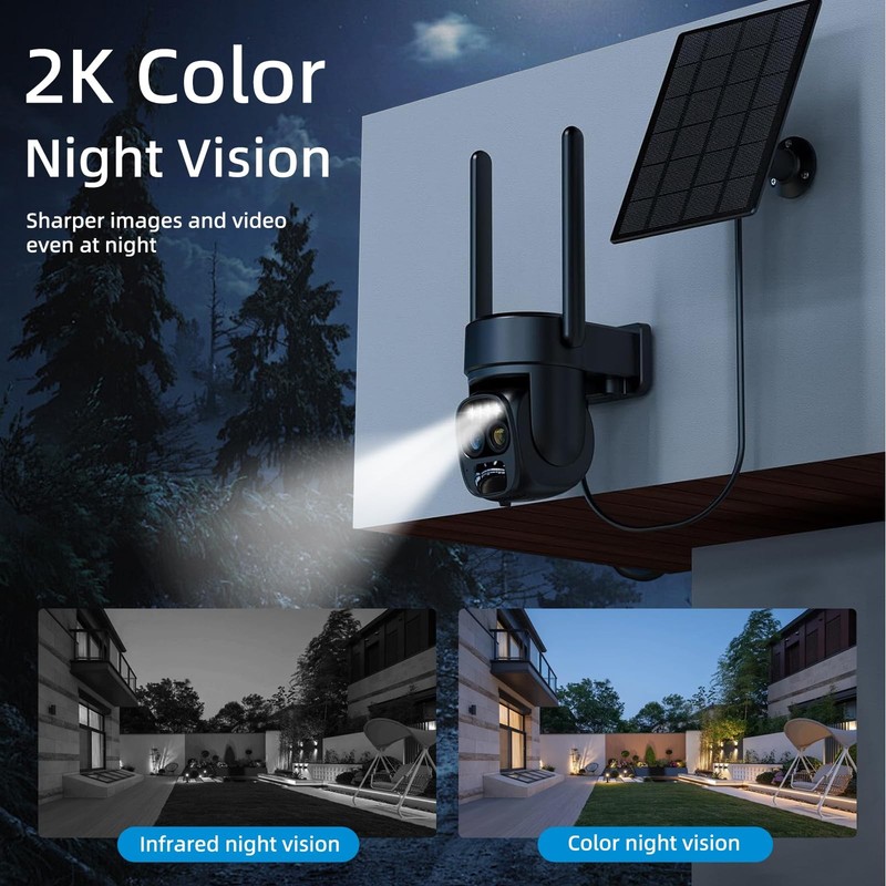 Hawkray Pannel Solar Wireless Outdoor Security Camera， Dual-Lens, 10xZoom, 2K... gallery