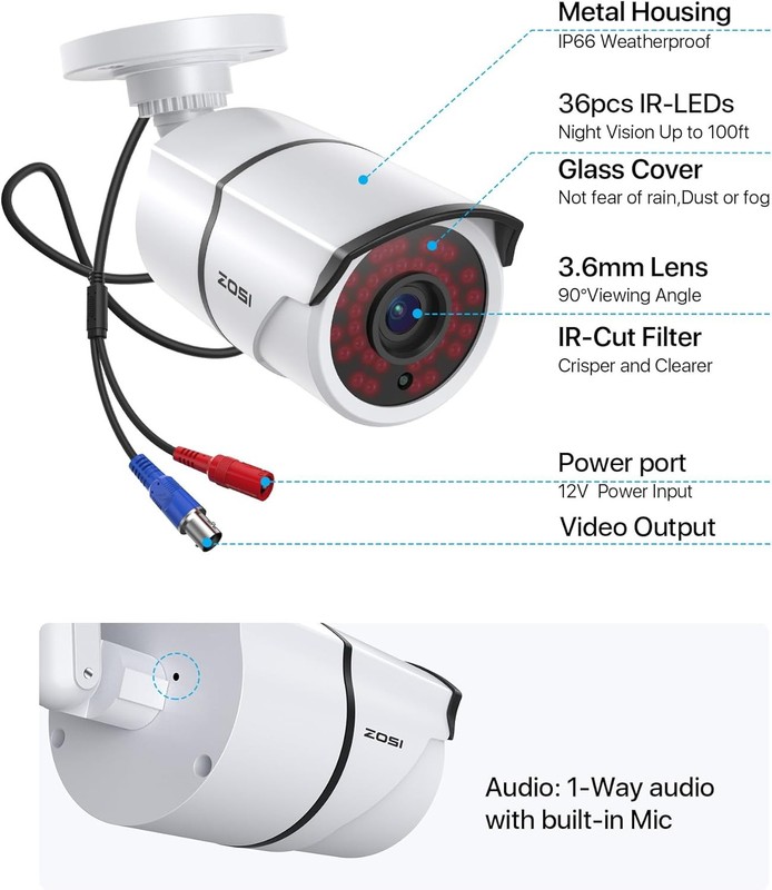 ZOSI 2X1080P 2MP Bullet Outdoor Home Security Cameras 120ft IR Night Vision IP66 gallery