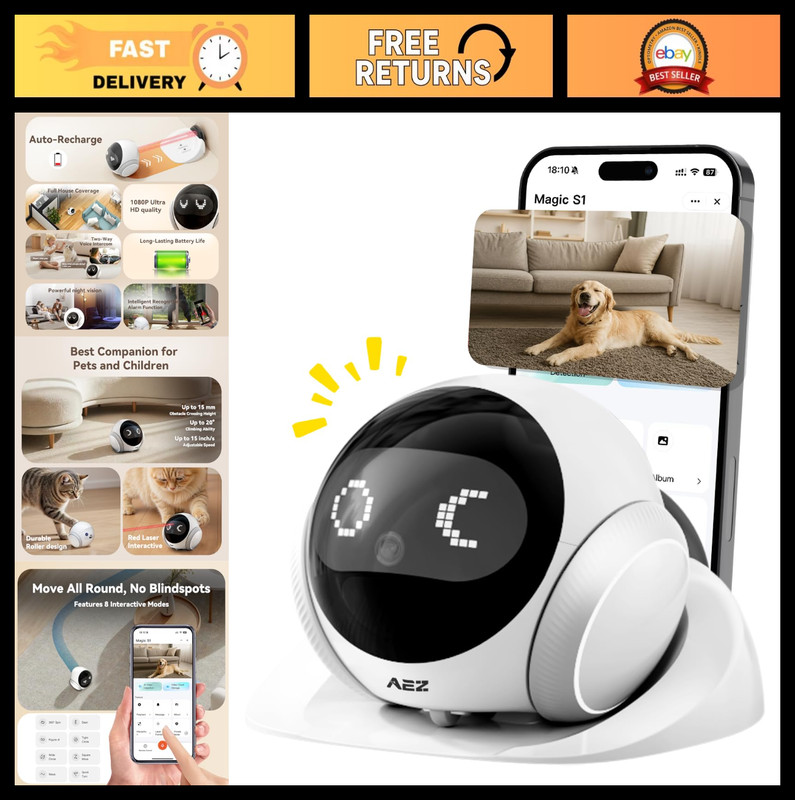 1080P HD Pet Camera with Night Vision, 2-Way Audio, Smart App Control, Auto-Rech