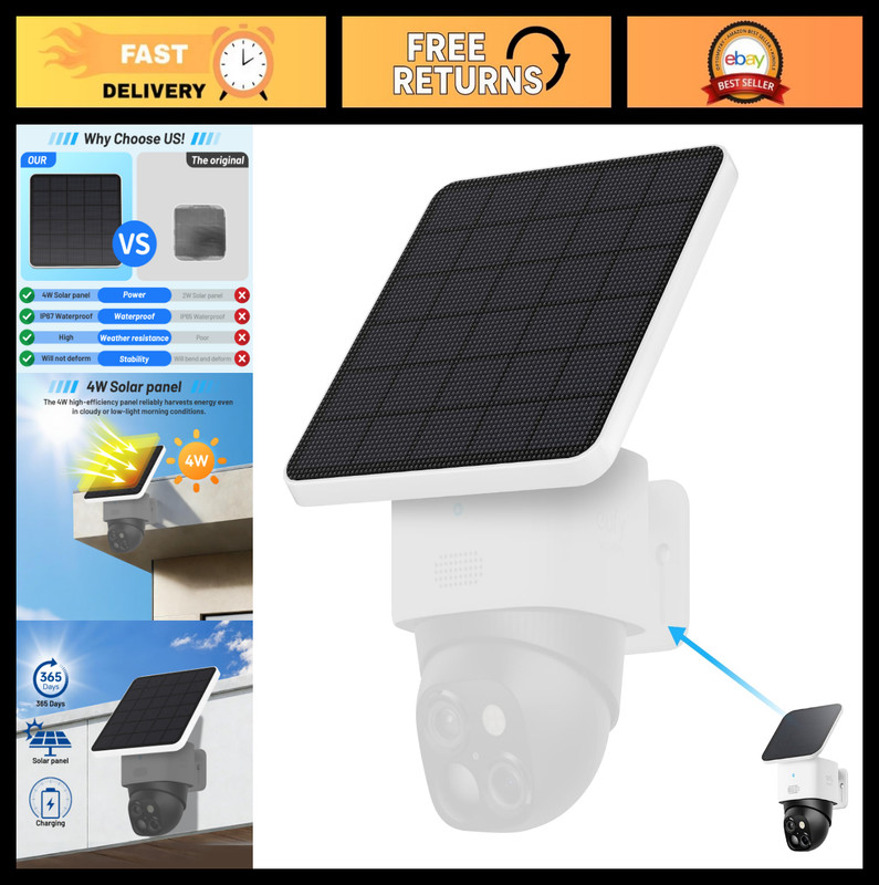 4W Solar Panel for Security Cameras, IP65 Weatherproof, Replace 2W Panel, Contin