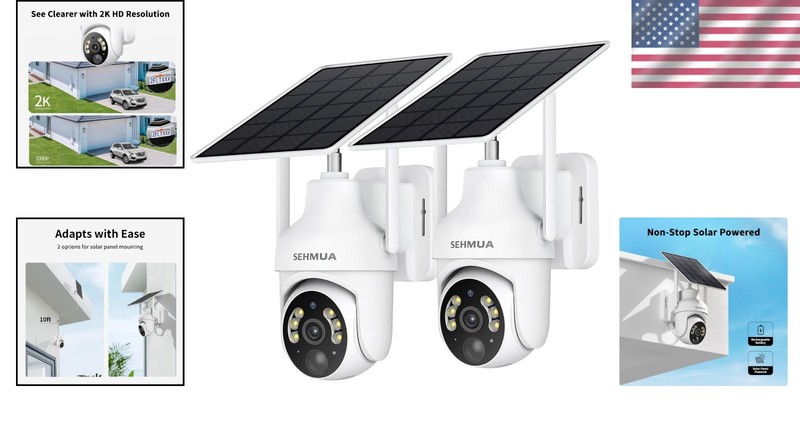 2 Pack of 2K Wireless Solar Security Cameras with -Round Night Vision Power gallery