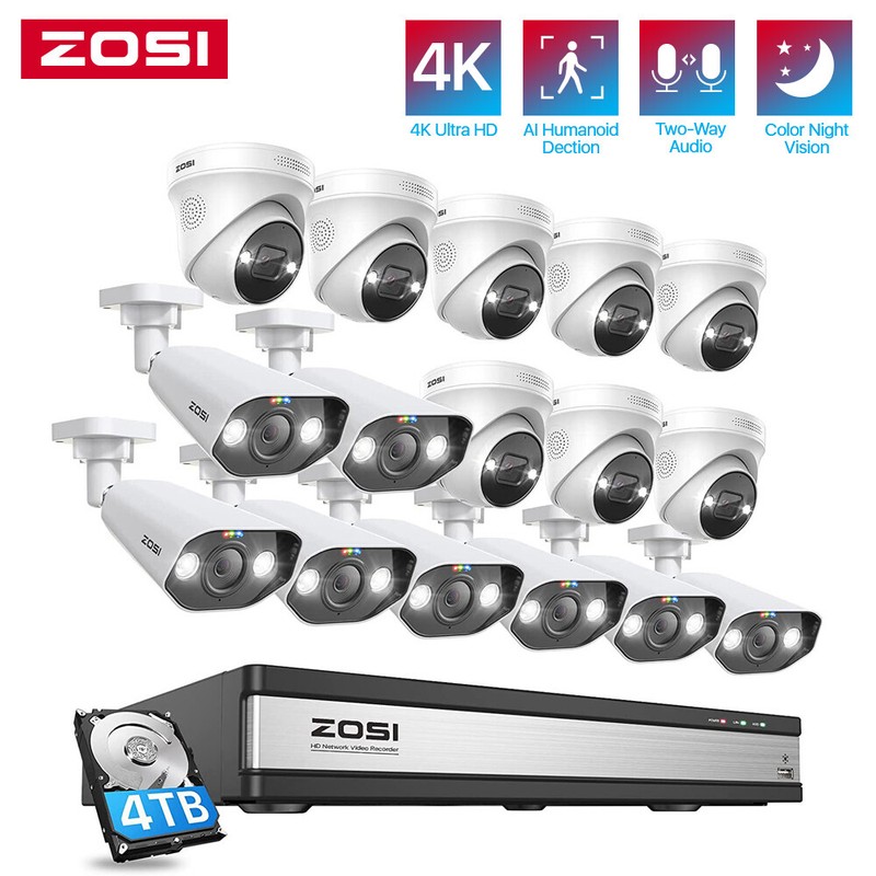 ZOSI 4K 16CH H.265+NVR 8MP Spotlight PoE Security Camera System with 4TB Outdoor
