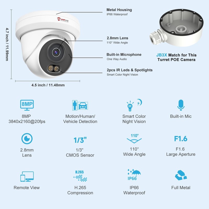 4K 8MP PoE , Full Metal Turret IP Outdoor Wired, AI Human Vehicle Detection, ... gallery