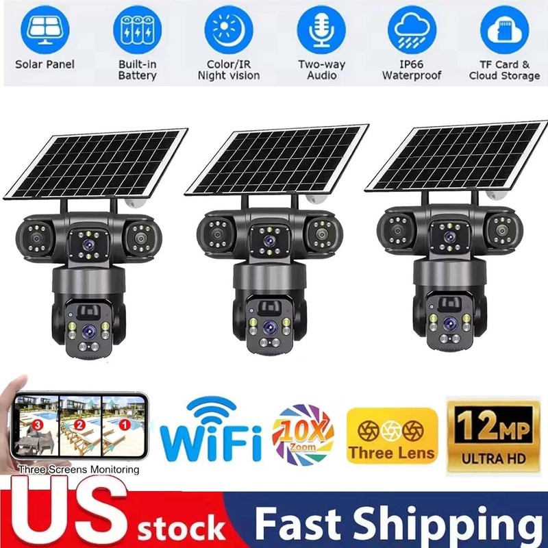 3x 3 Lens 12MP Solar Battery Home Security Camera Outdoor Wifi Wireless PTZ CCTV