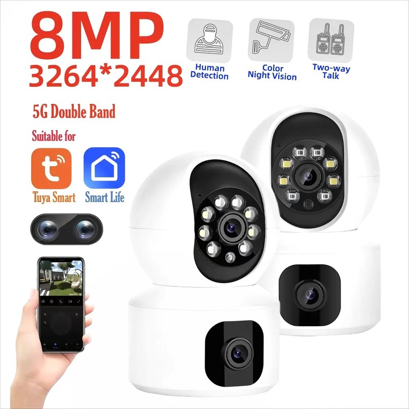 8MP WiFi IP Camera Dual Lens Monitor, Night Vision, Auto Tracking, Tuya App