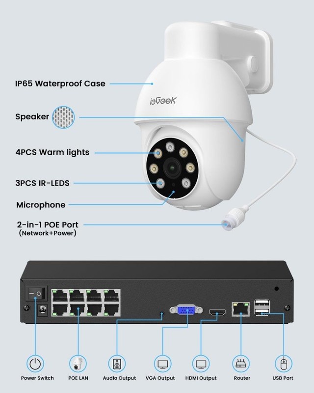 4-Cam PoE Security System with Auto Human Tracking & 355° PTZ 5MP, 8CH NVR 2TB gallery