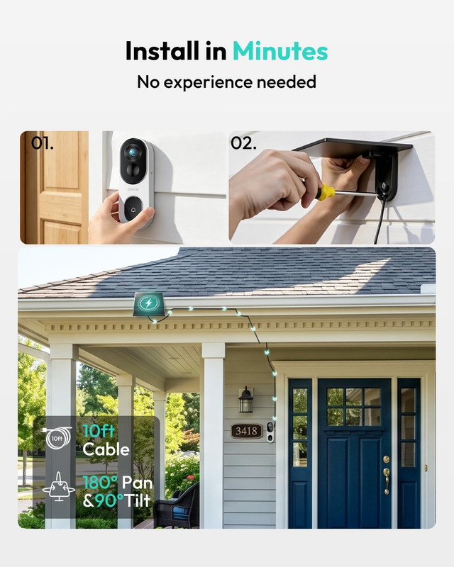 Solar Powered Doorbell Camera Wireless, No Subscription Required, 2K Video Doorb gallery