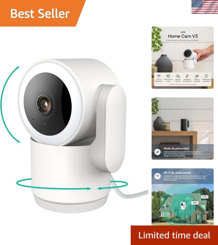 Luna 2K Indoor Cameras for Home Security, 2.4GHz & 5GHz WiFi, 360-Degree Pan-...