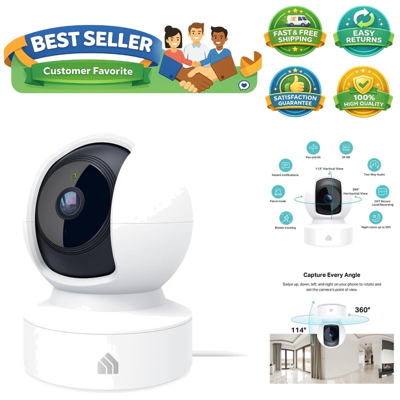 Kasa 2K+ Indoor Pan/Tilt Wired Security Camera – Works as a Baby Monitor & Pe…