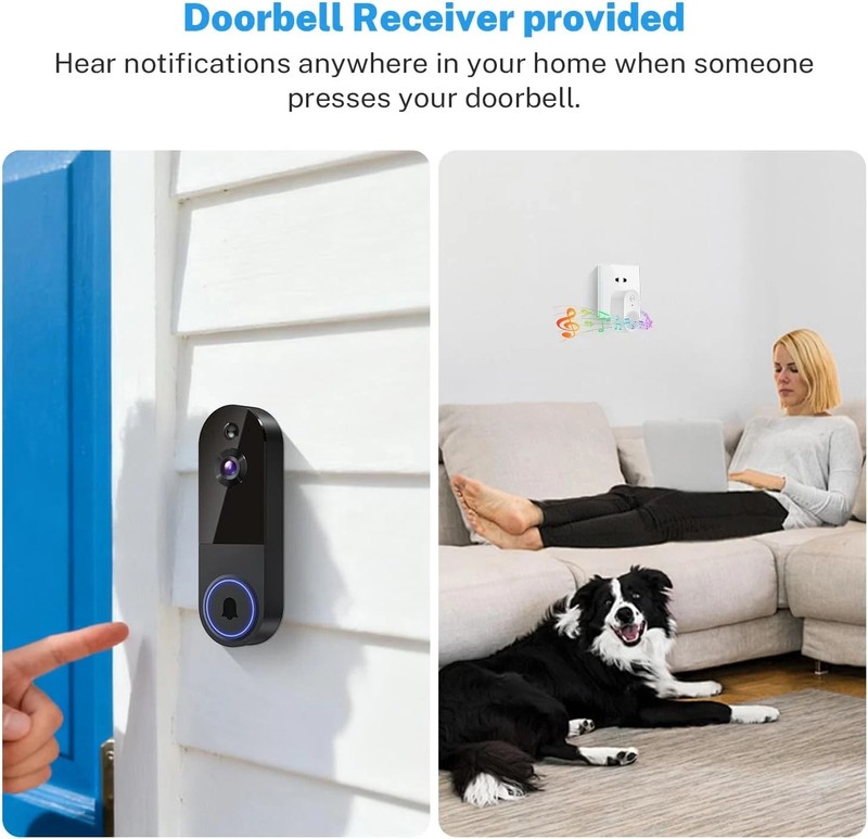 Wireless Video Doorbell Camera with Receiver, AI Human Detection, 2-Way Talk, Ni gallery