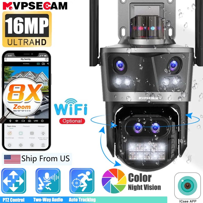 16MP 8K WiFi IP Camera Outdoor PTZ 4 Len Security Camera PTZ Auto Tracking Video