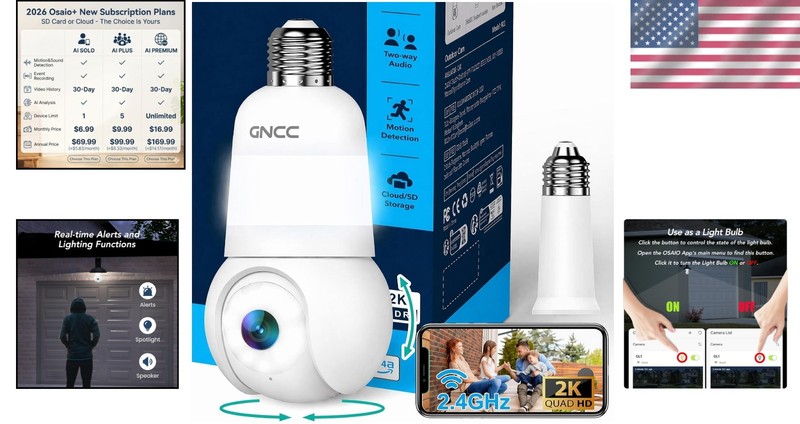 Plug-and-Play 2K Light Bulb Security Camera - Full Color Night Vision, 360° Pan gallery
