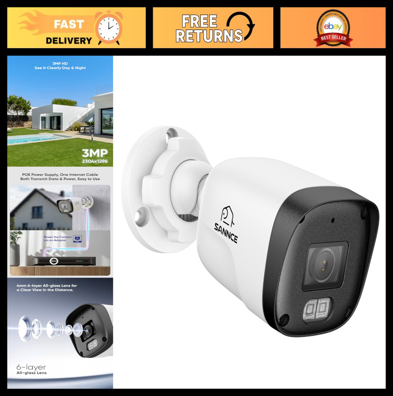 2K 3MP Super HD PoE IP Security Camera, 100ft Night Vision, Weatherproof, Human/
